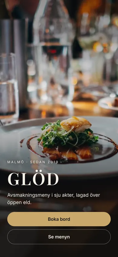 Startskärmen i GLÖD, vår demoapp i React Native för en påhittad restaurang