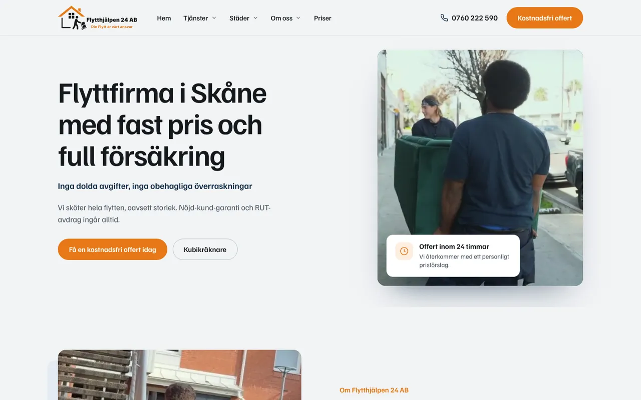 Startsidan på flytthjalpen24.se, en hemsida vi har byggt