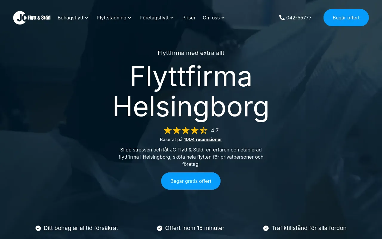 Startsidan på jcflytt.se, en hemsida vi har byggt från grunden